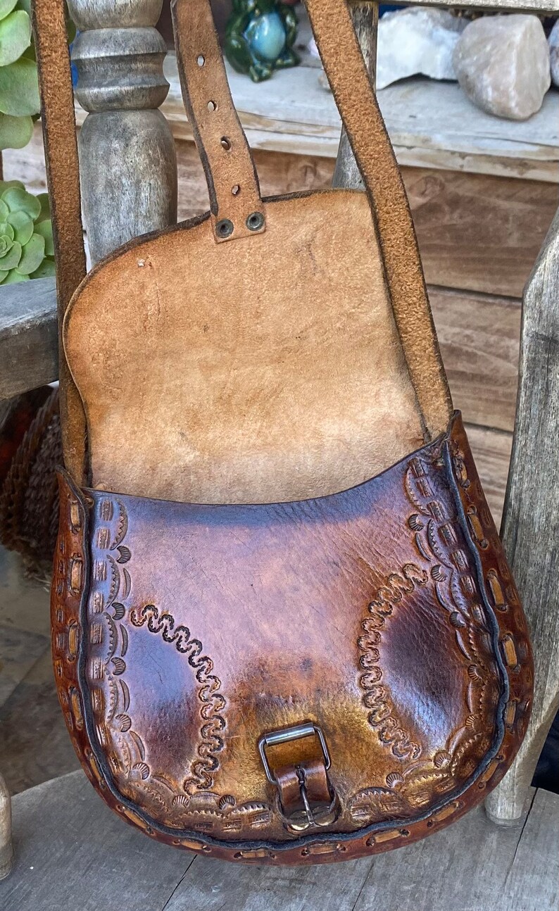 Vintage Tooled Leather Purse Hippie Boho Mayan Aztec Shoulder Bag Western Tan Braided 1970's image 5
