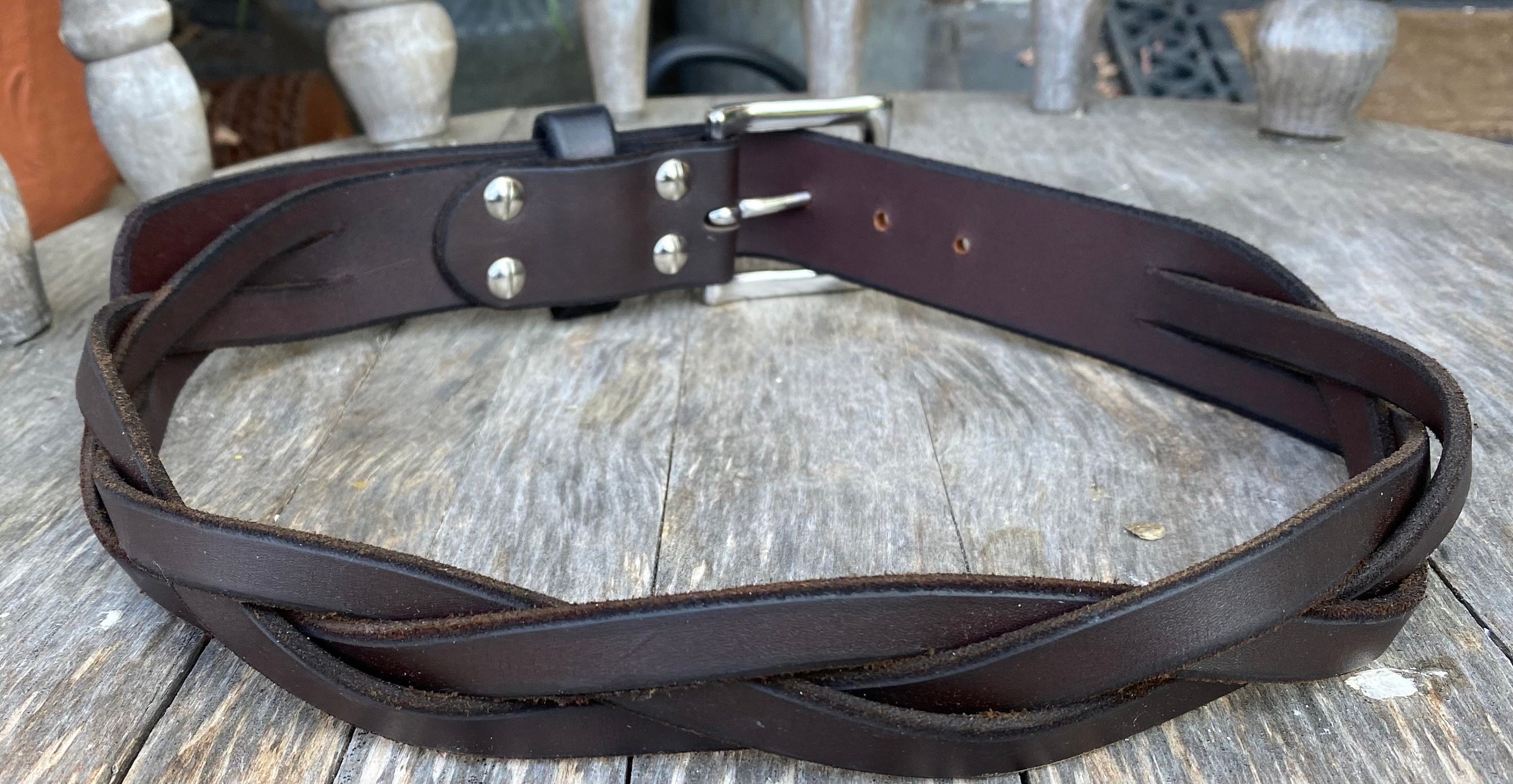 Chocolate Brown Leather Mystery Braid Belt With Stainless 