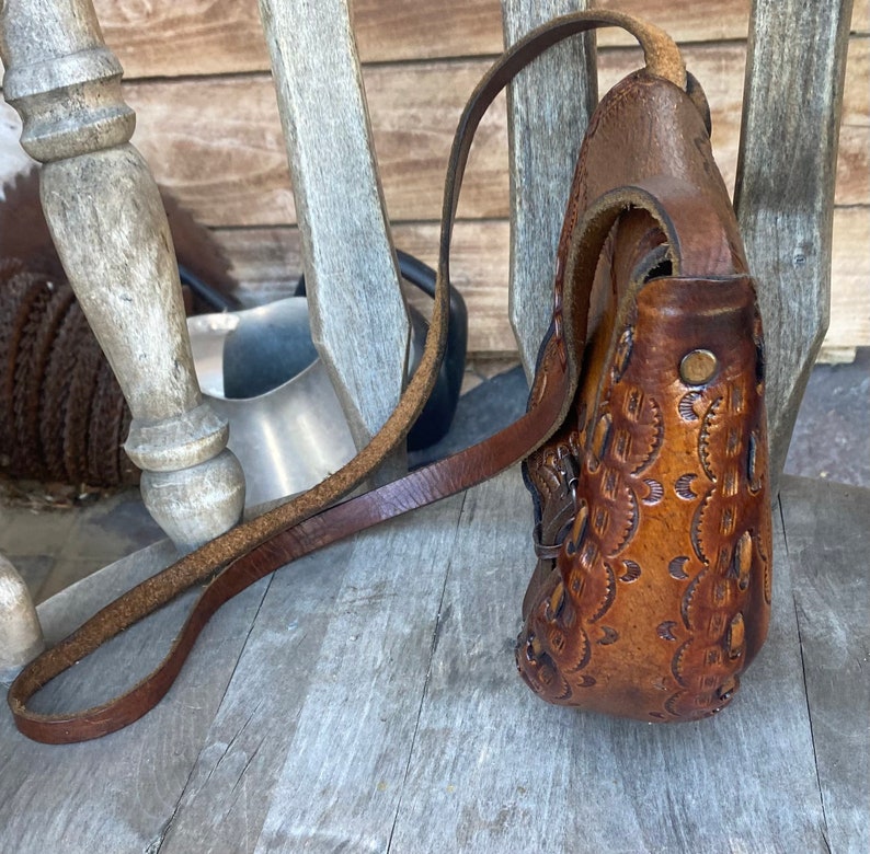 Vintage Tooled Leather Purse Hippie Boho Mayan Aztec Shoulder Bag Western Tan Braided 1970's image 6