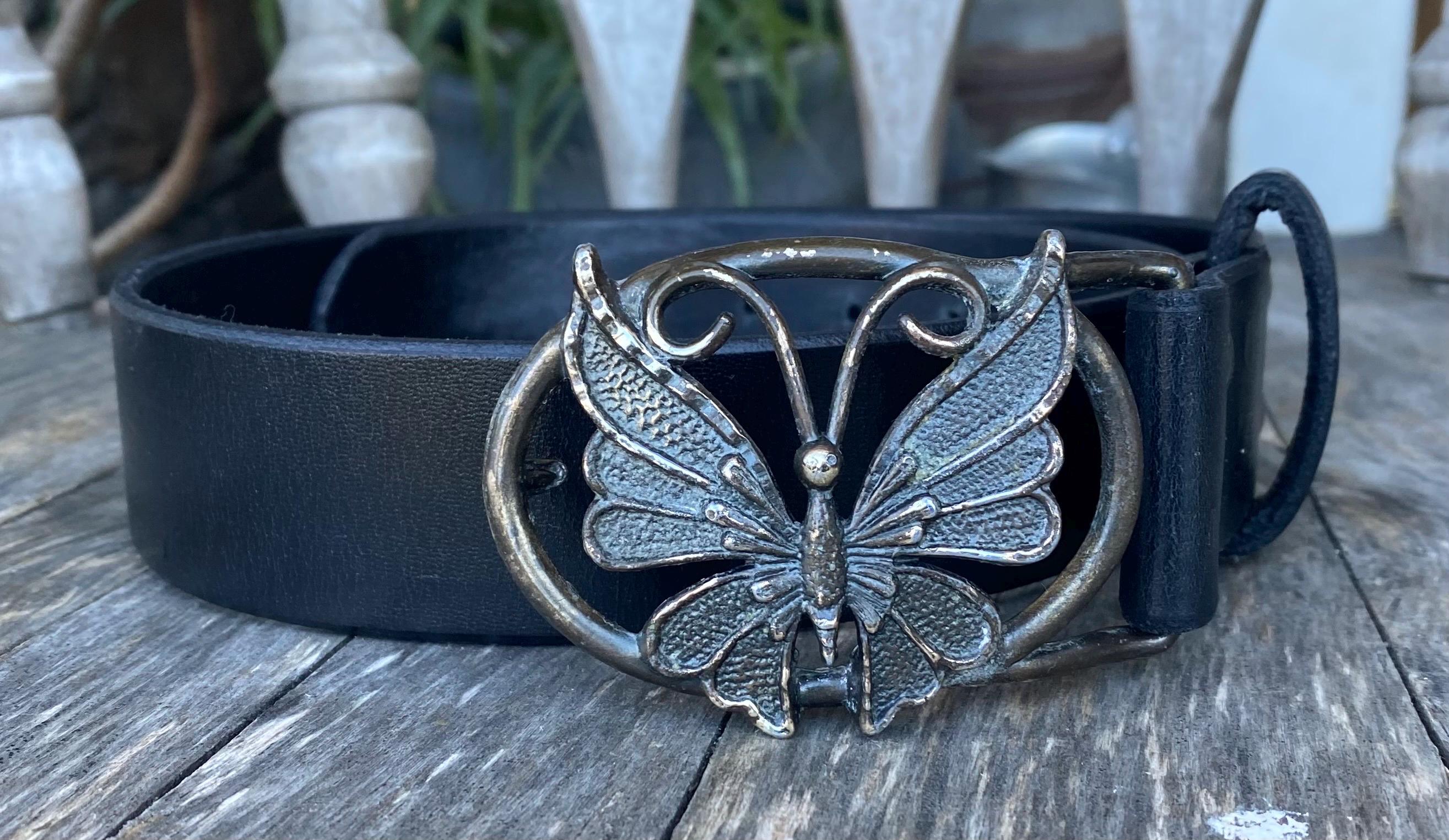 Vintage Boho French Leather Butterfly Appliqué Belt BlueButterflyCowgirlBelt.jpg?v  main image 4