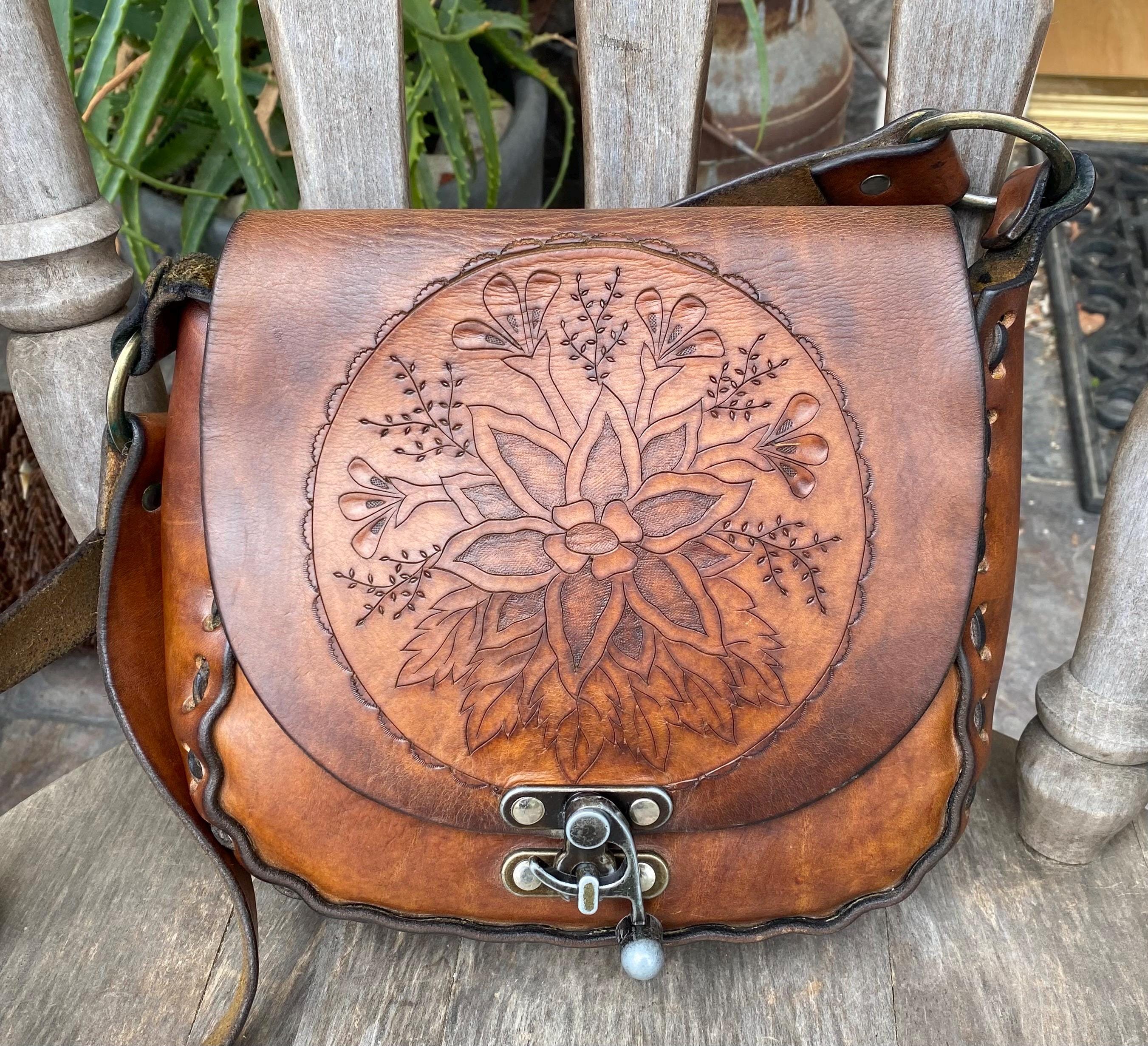 Vintage, Very Rustic Brown Tooled Distressed Leather Hippie Boho