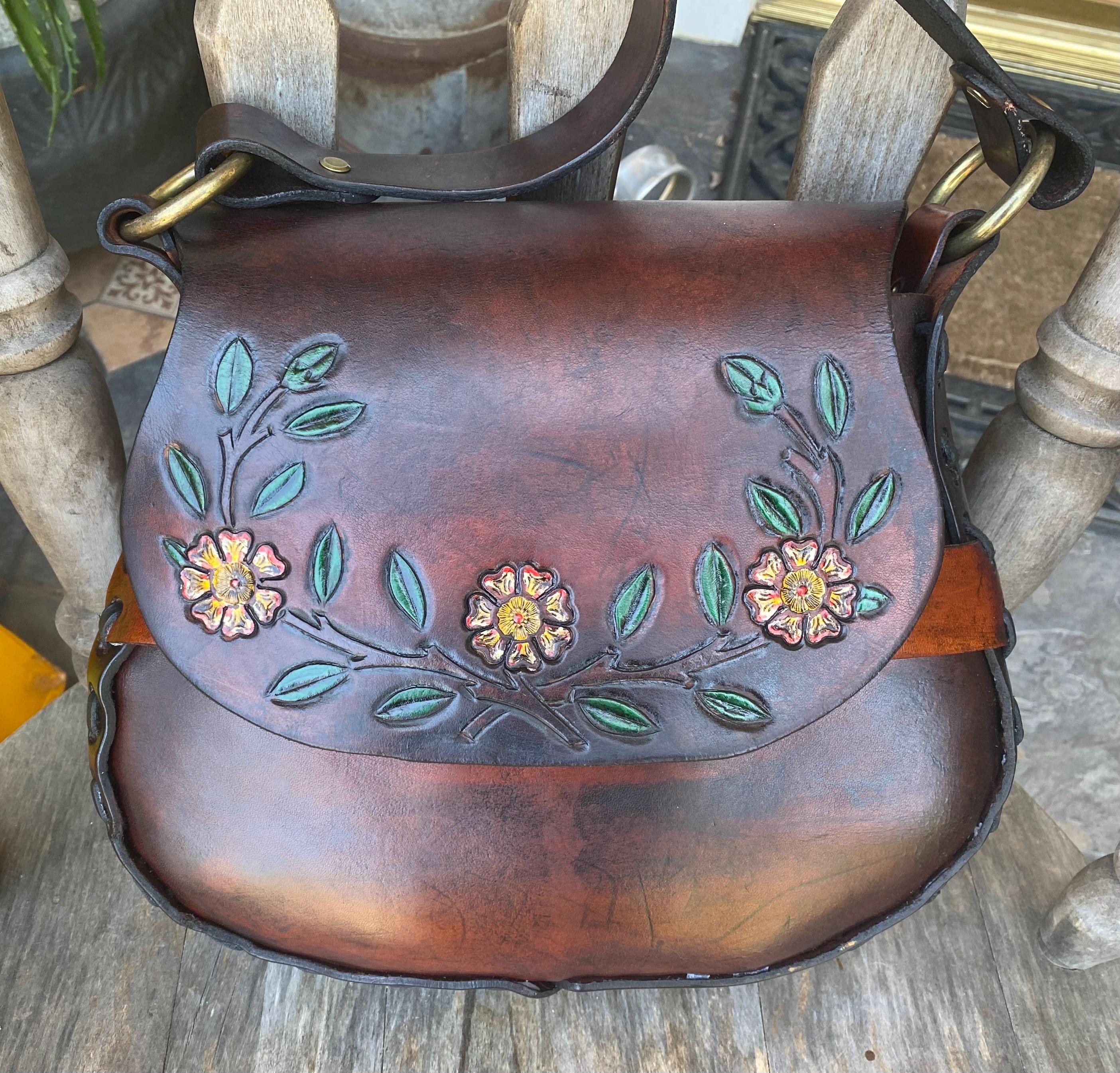 Vintage 70s Large Tooled Leather Hippie Boho Festival Bohemian
