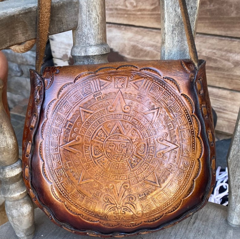 Vintage Tooled Leather Purse Hippie Boho Mayan Aztec Shoulder Bag Western Tan Braided 1970's image 3
