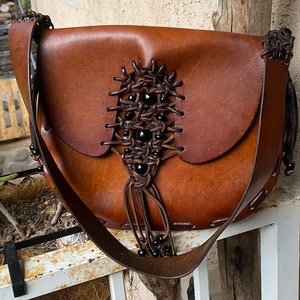 Vintage Handmade 70s Brown Leather Boho Hippie Festival Shoulder Bag Handcrafted / Glass Bead