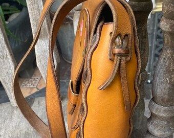 Medium Vintage 70's Hand Tooled Painted Brown Leather Flower