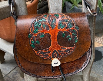 Celtic leather carved and painted Tree of Life Festival Rennaissance shoulder/cross body bag