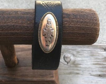Black Leather Cuff Bracelet - Southwestern Style