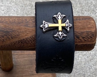 Black leather cuff/bracelet with cross concho