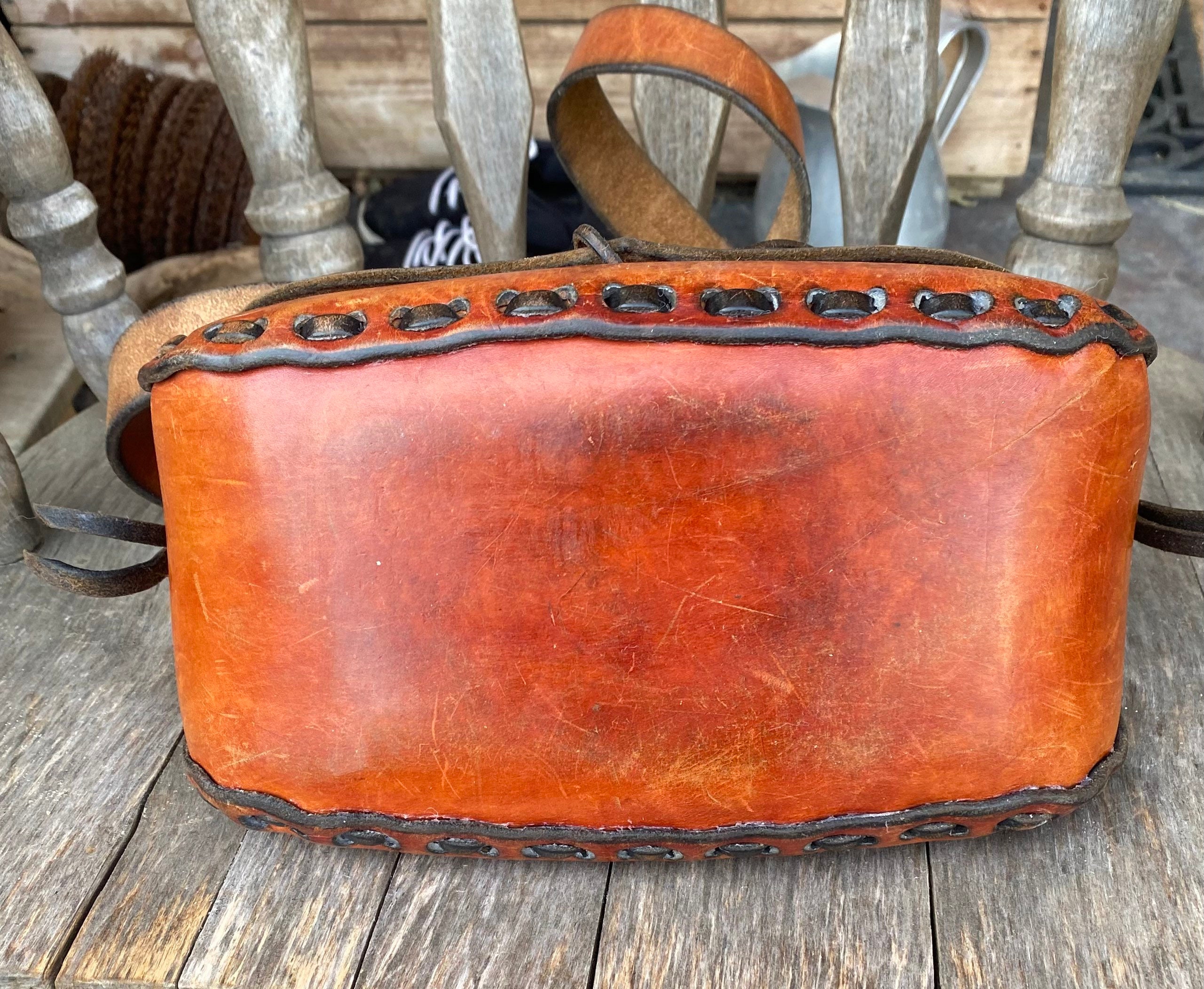 Large Vintage Brown Hand Tooled 60s 70s Leather Hippie Boho