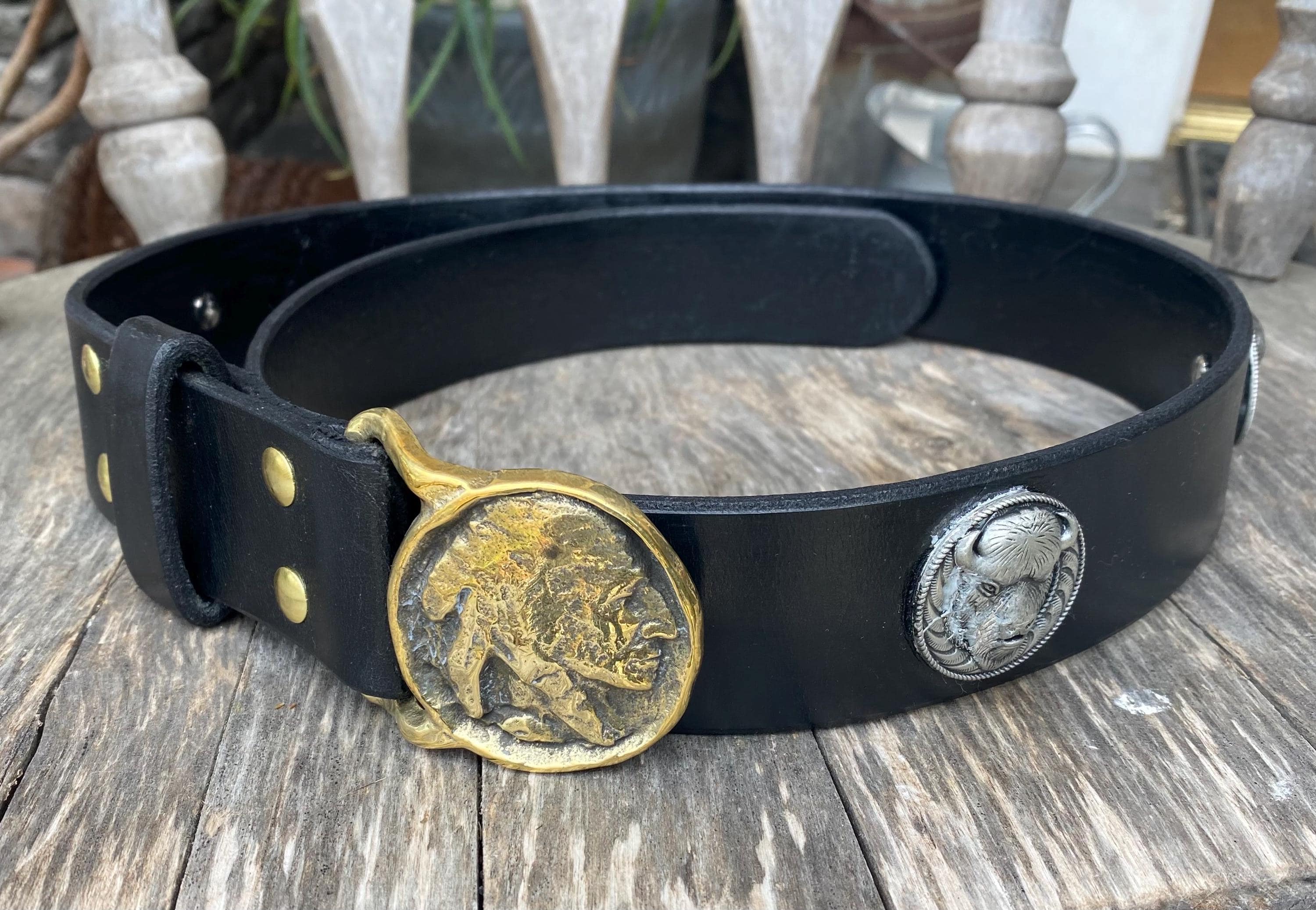 Vtg Black Leather Brass Turtle Head Clasp Waist Belt Statement Accessory black.jpg main image 2