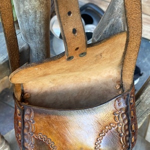 Vintage Tooled Leather Purse Hippie Boho Mayan Aztec Shoulder Bag Western Tan Braided 1970's image 4