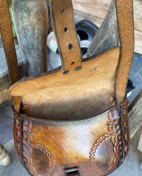 Vintage Tooled Leather Purse Hippie Boho Mayan Az… - image 4