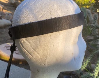 Soft black leather adjustable hippie/biker  headband - 1  inch wide