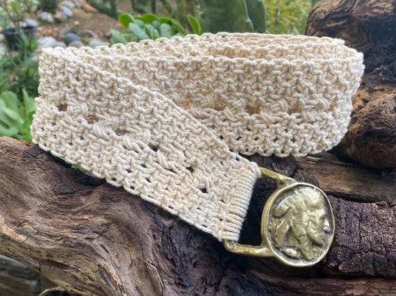 Vintage Macrame Belt With Solid Brass Native Amer… - image 1