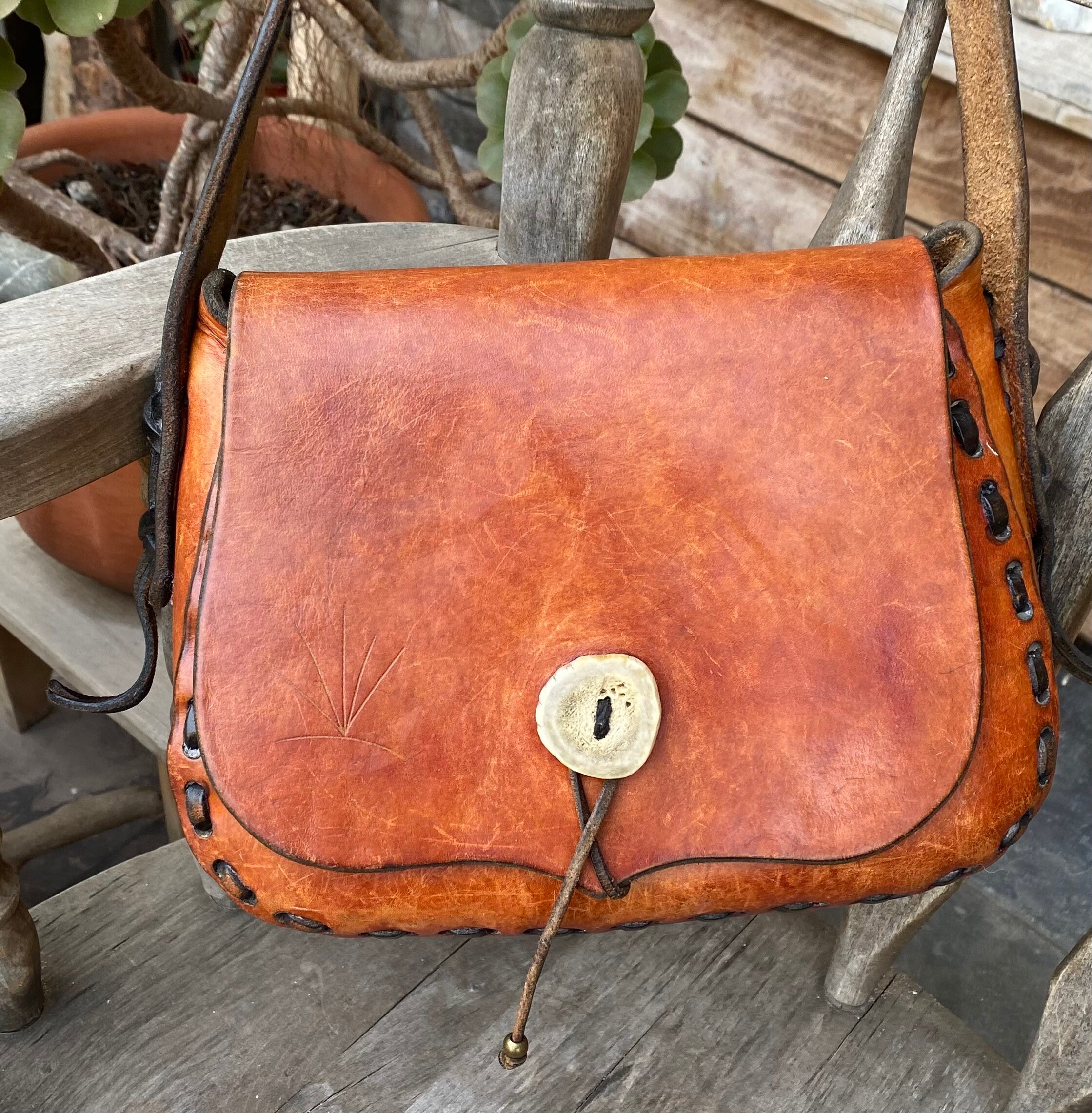 Large Vintage Brown Hand Tooled 60s 70s Leather Hippie Boho