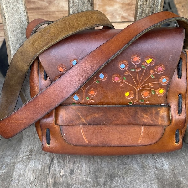 Sweet small vintage leather hippie boho festival bag with floral tooling