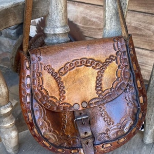 Vintage Tooled Leather Purse Hippie Boho Mayan Aztec Shoulder Bag Western Tan Braided 1970's image 2