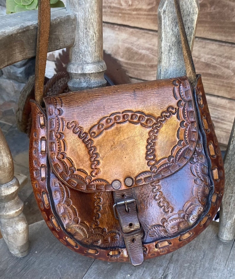 Vintage Tooled Leather Purse Hippie Boho Mayan Aztec Shoulder Bag Western Tan Braided 1970's image 2