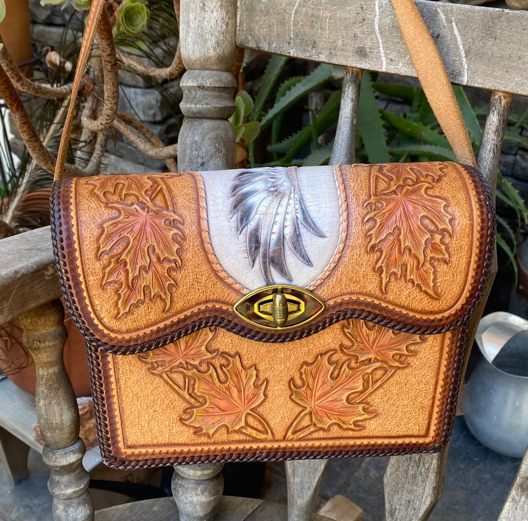 Vintage 70s Hand Tooled Leather Hippie Shoulder Bag Boho Western