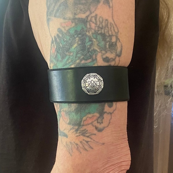 Black Leather arm/bicep cuff with  silver plated Thunderbird Concho