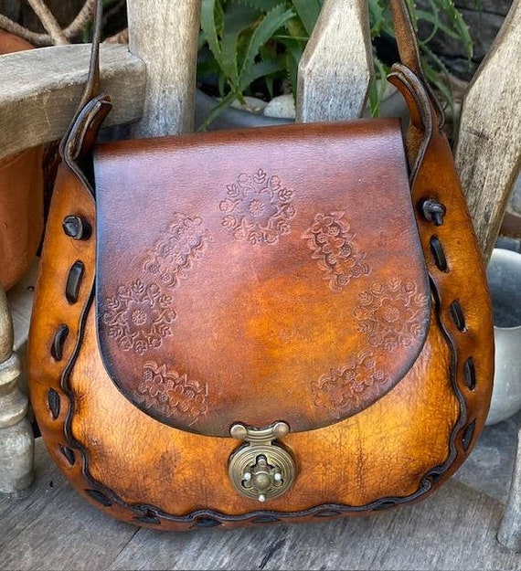 Large Vintage Rustic Distressed Well Worn Hippie Boho Festival Tooled  Leather Handbag 