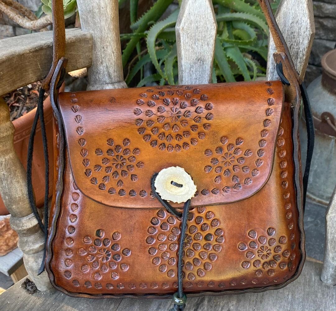 Refurbished Vintage Medium Brown Tooled Leather Hippie Boho Festival  Bag/purse/messenger Bag W/deer Antler Closure Australia