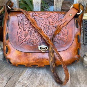Vintage, rustic, distressed and large floral tooled leather boho hippie festival  shoulder bag
