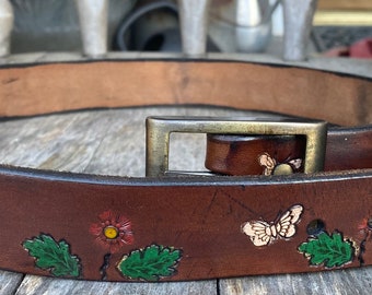 Vtg 70s 60s Hand Tooled Hippie Leather Boho Belt Butterflies Flowers Size 34 Vintage 70s Brown Tooled Leather Womens Floral Butterfly  main image 2