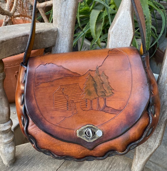 Vintage 70s Leather Hand Tooled Hippie Boho Festival Purse