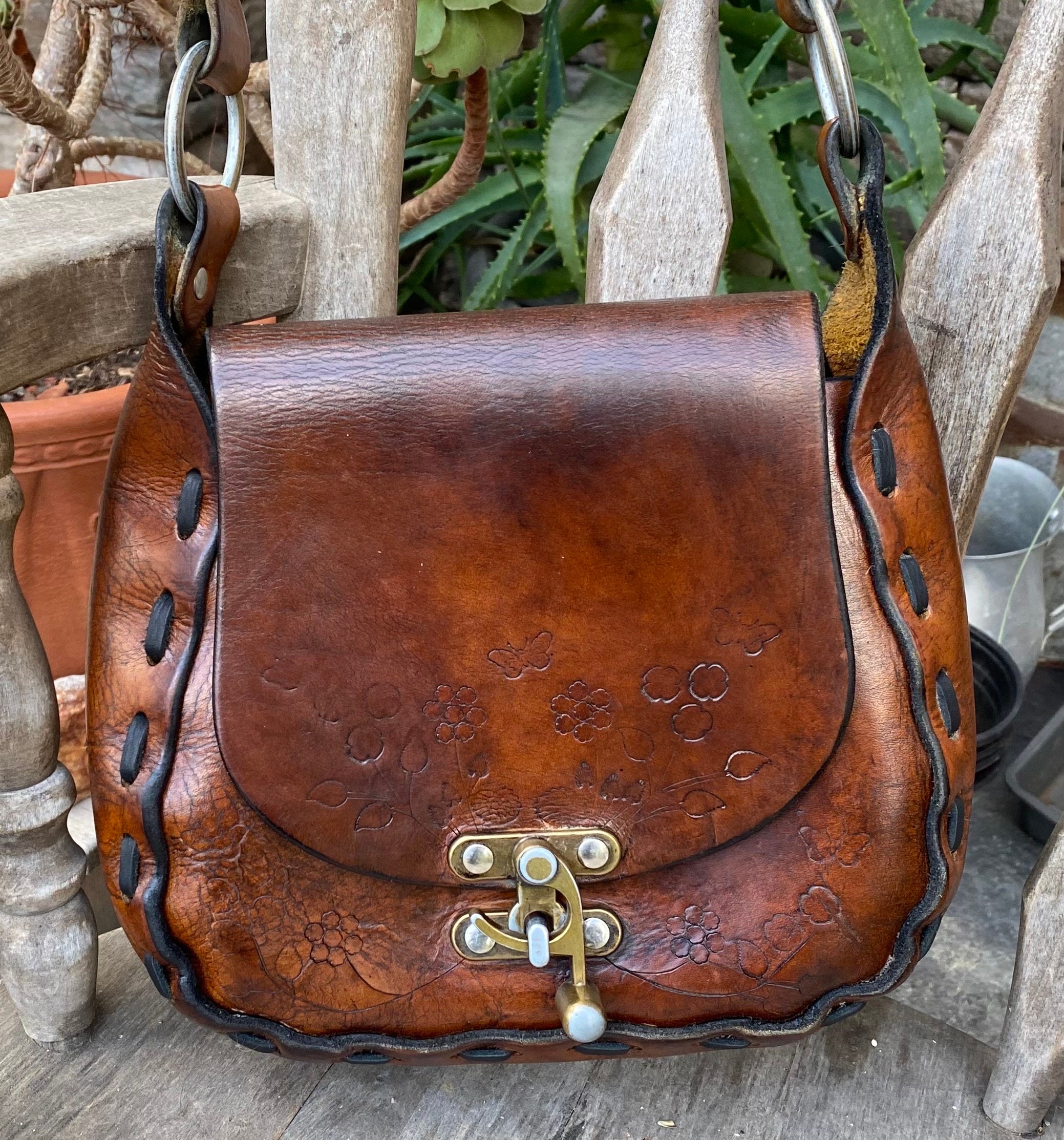 Vintage Rustic 1960s Tooled Leather Painted Flowers Saddle