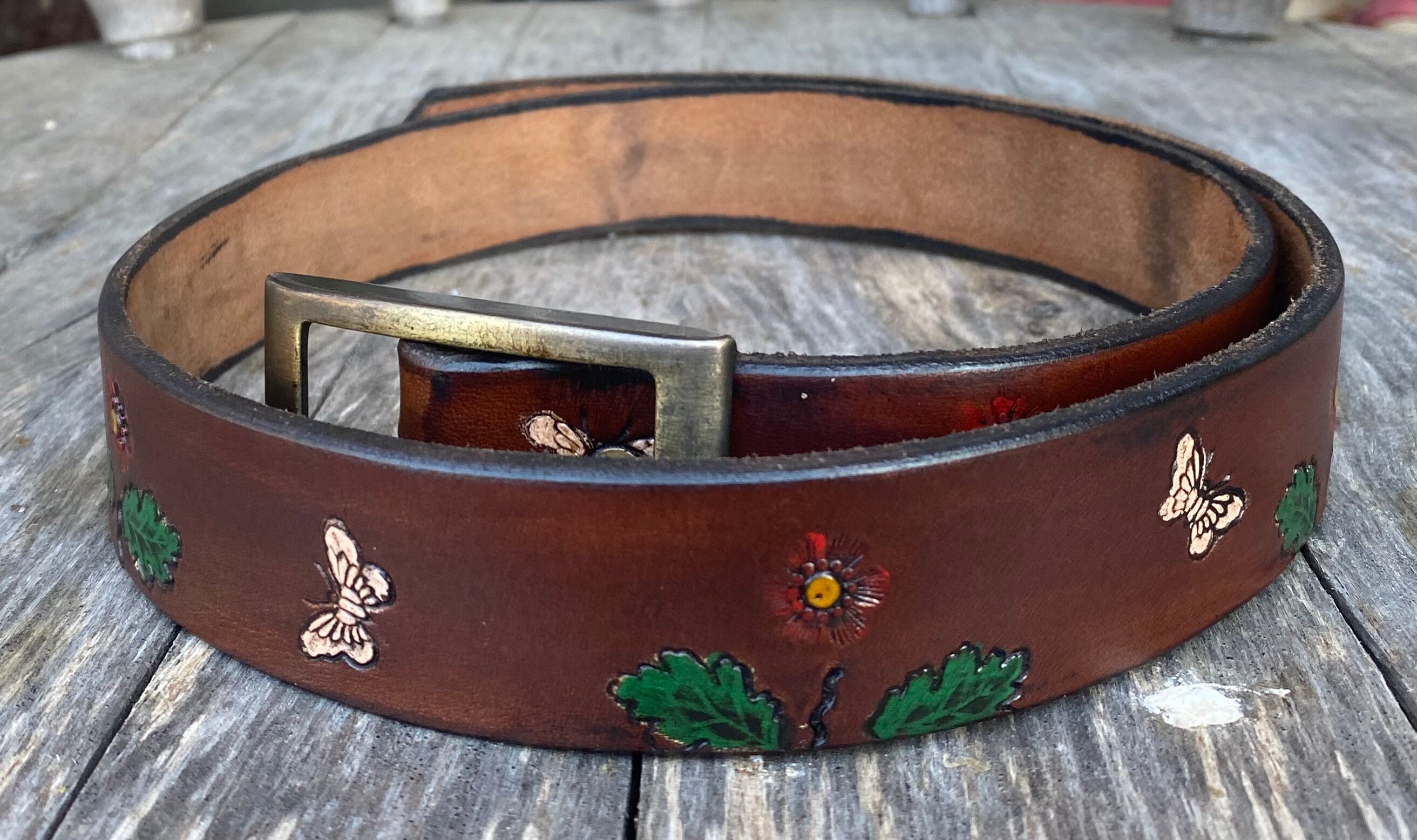 Vtg 70s 60s Hand Tooled Hippie Leather Boho Belt Butterflies Flowers Size 34 Hippie Butterfly Belt main image 3