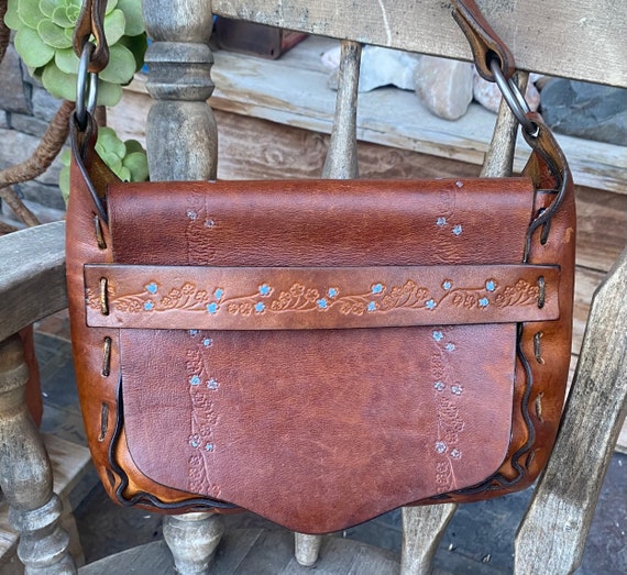 Vintage leather hand Tooled saddle Bag Flowers Hi… - image 1