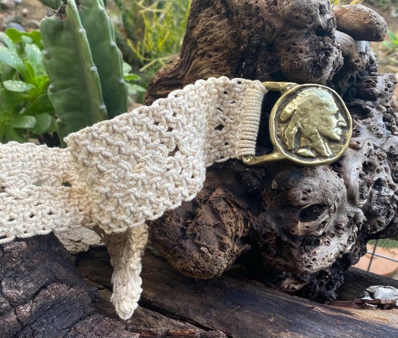 Vintage Macrame Belt With Solid Brass Native Amer… - image 3