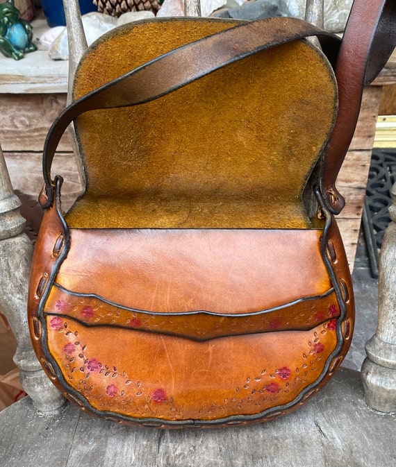 Vintage 1970's Brown Leather Saddle Bag Hippie Bo… - image 5