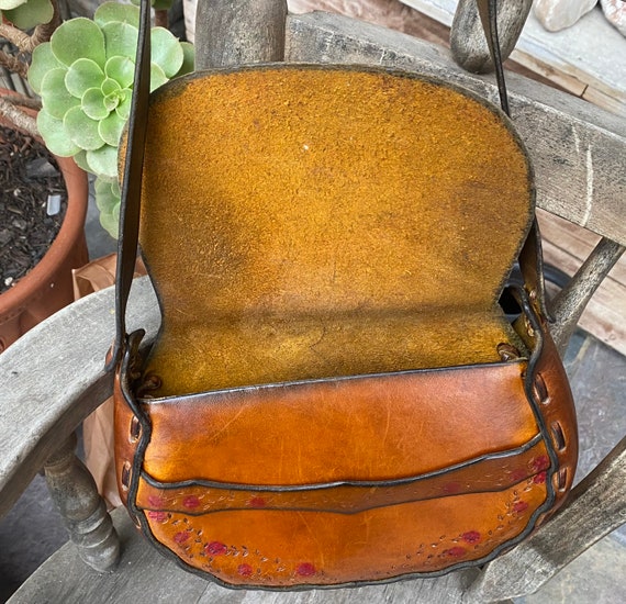 Vintage 1970's Brown Leather Saddle Bag Hippie Bo… - image 3