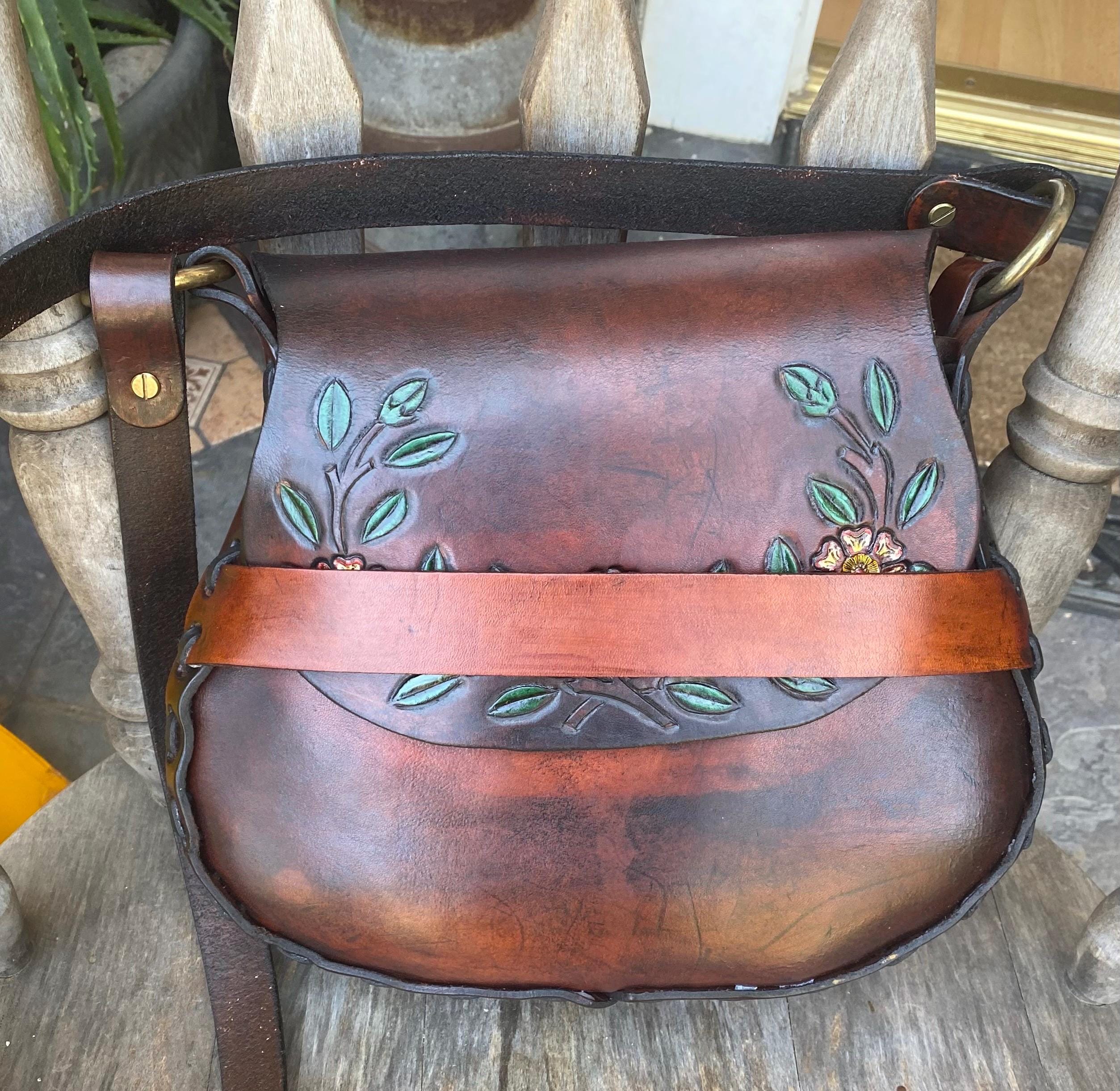 Vintage 70s Large Tooled Leather Hippie Boho Festival Bohemian