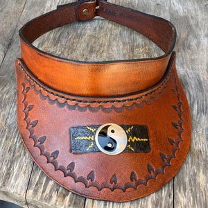 Vintage Hand Tooled Leather Sun Visor Floral Western Boho Adjustable Brown Hat Vintage Hand Tooled Leather Sun Visor Hat Adjustable Hippie  main image 4