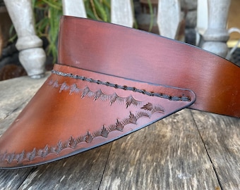 Saddletan Brown Handmade retro style tooled rustic antiqued leather sun visor - adjustable