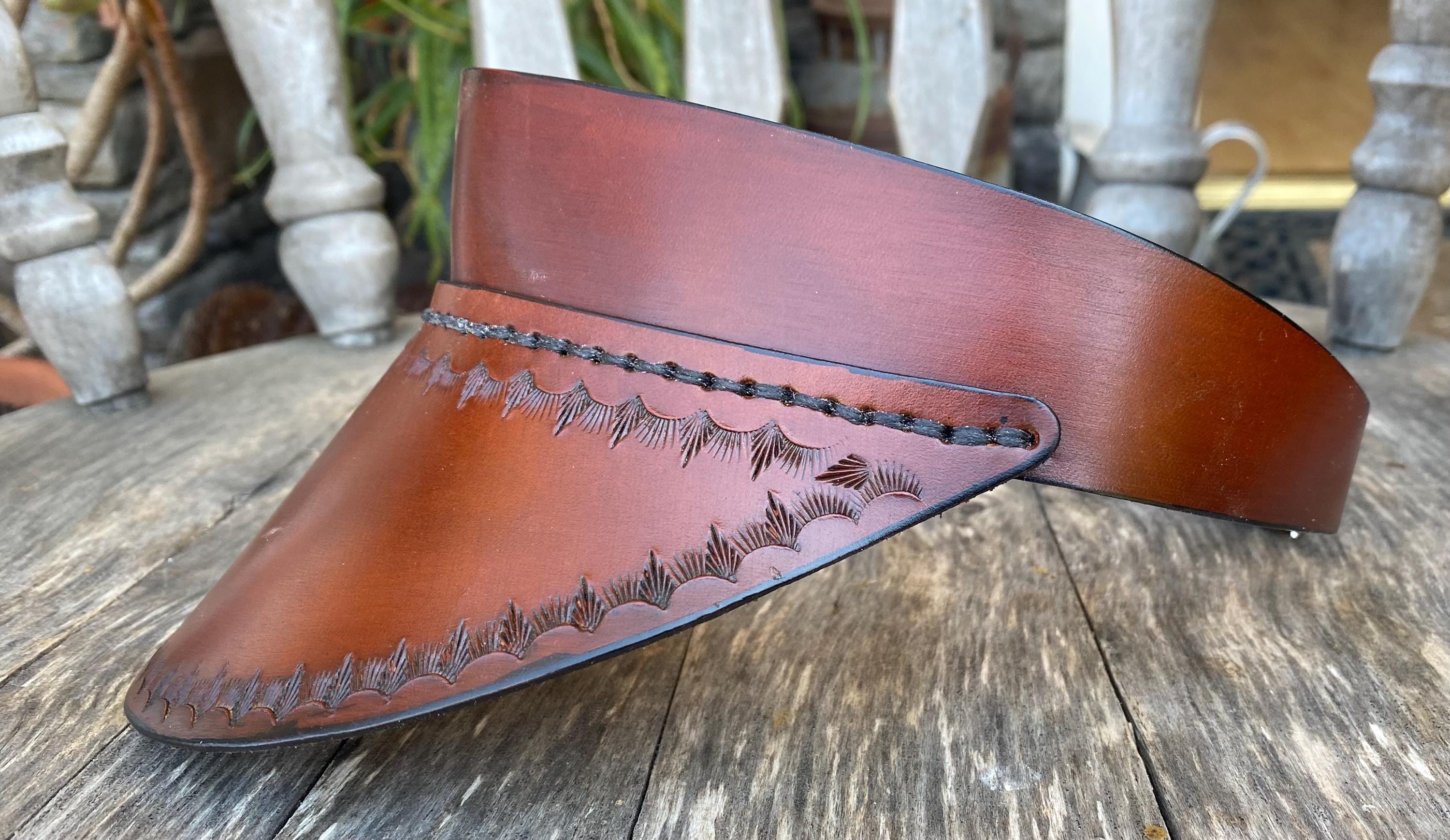 Leather Tooled Visor Mountains Adjustable Cognac Brown Tooled Leather Sun Visor - Etsy main image 2