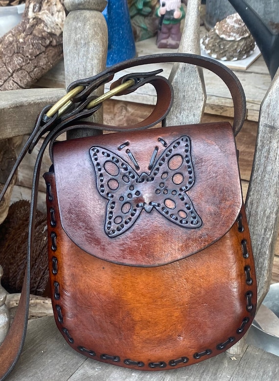 Vintage, distressed Leather Butterfly Crossbody BO