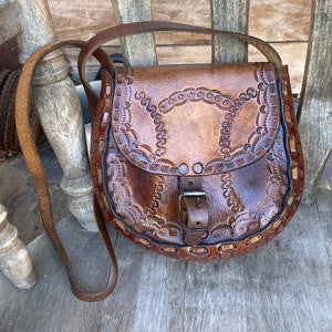 Vintage Tooled Leather Purse Hippie Boho Mayan Aztec Shoulder Bag Western Tan Braided 1970's image 1