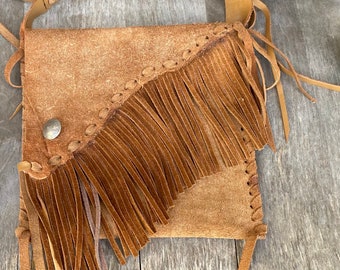 Retro style leather fringe hippie shoulder bag