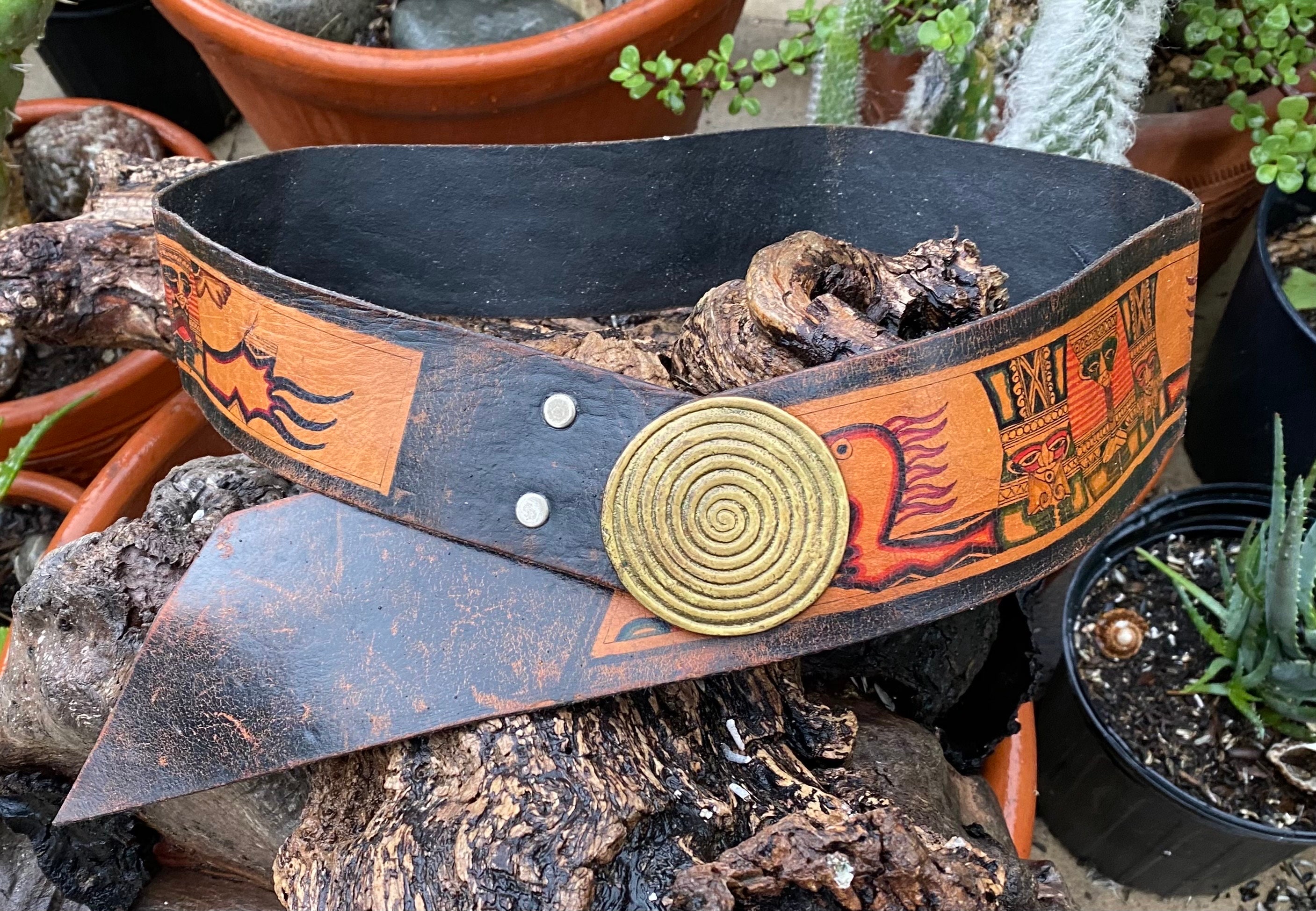 Vintage Painted Aztec Waist Belt Aztec Tooled & Painted Brown Leather Belt Size 32/ Vintage  main image 4