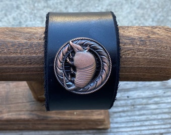 Black leather cuff with screw back copper Texas Armardillo Concho - Cuff/Bracelet