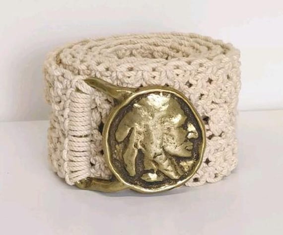 Vintage Macrame Belt With Solid Brass Native Amer… - image 2