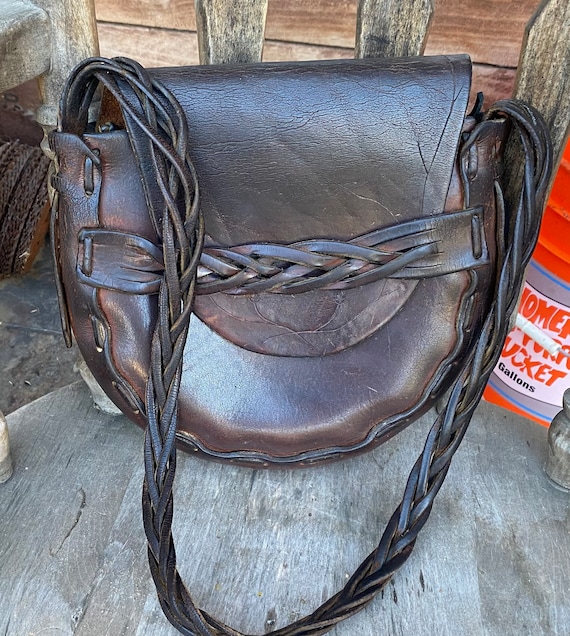 Vintage Dark Brown Tooled Leather Hippie Boho Shoulder Saddle Bag