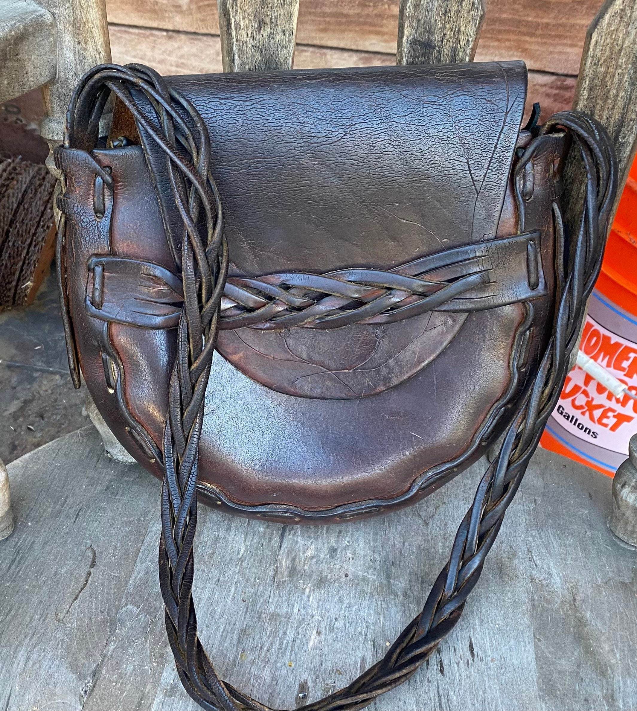 Vintage 90s M/L BoHo Hippy Brown Woven Distressed Faux Leather Studded Buckl… Vintage, Very Rustic Brown Tooled Distressed Leather Hippie  main image 2