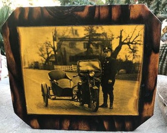 Vintage framed and decoupaged Print of Delaware Police Officer with his Harley Davidson with Side Car - Wooden Plaque