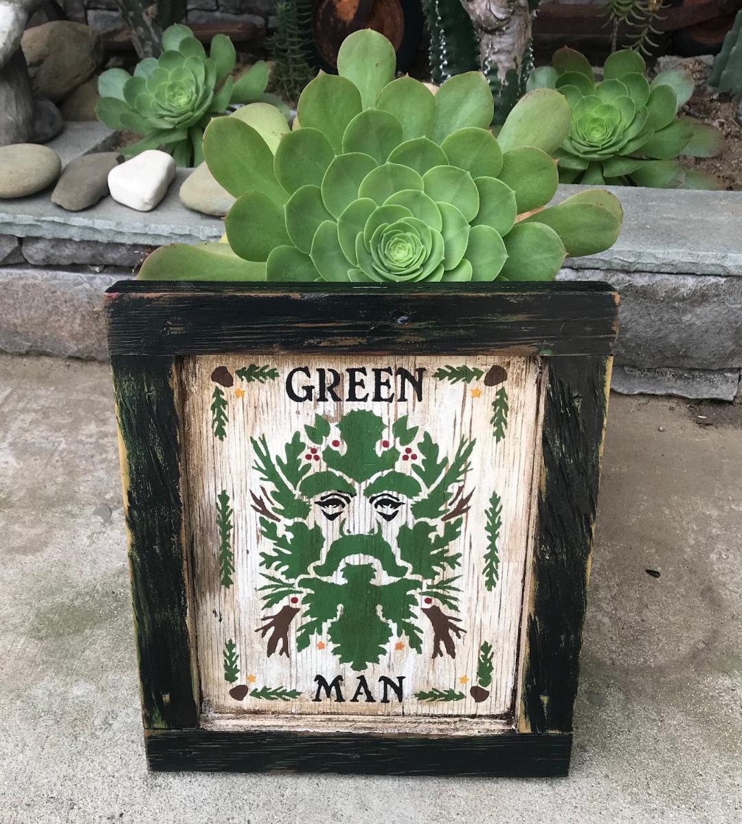 Hand Painted Framed Shadow Box Style Green Man - Distressed