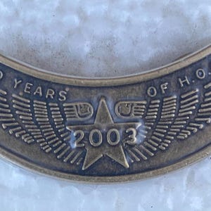 May include: A bronze-colored, curved metal emblem. The emblem features the text "20 YEARS OF H.O.G." and the year "2003" inside a star. Wings are on either side of the star.
